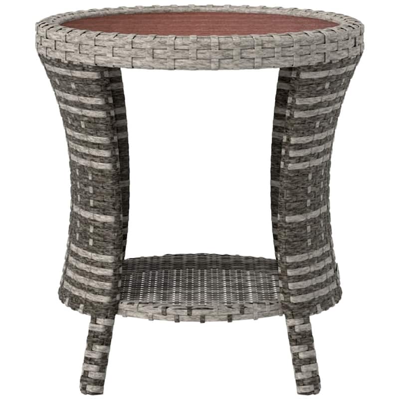 Steel PE Rattan WPC 2-Tier Hourglass Outdoor Side Table - 18.1" Dia. x 19.7" H - Mixed Grey-Brown