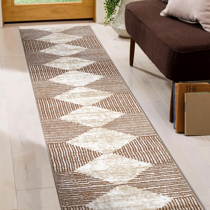 Beige Brown Geometric Stripe Stylish and Durable Area Rug - Beige - 2' 3" x 8'