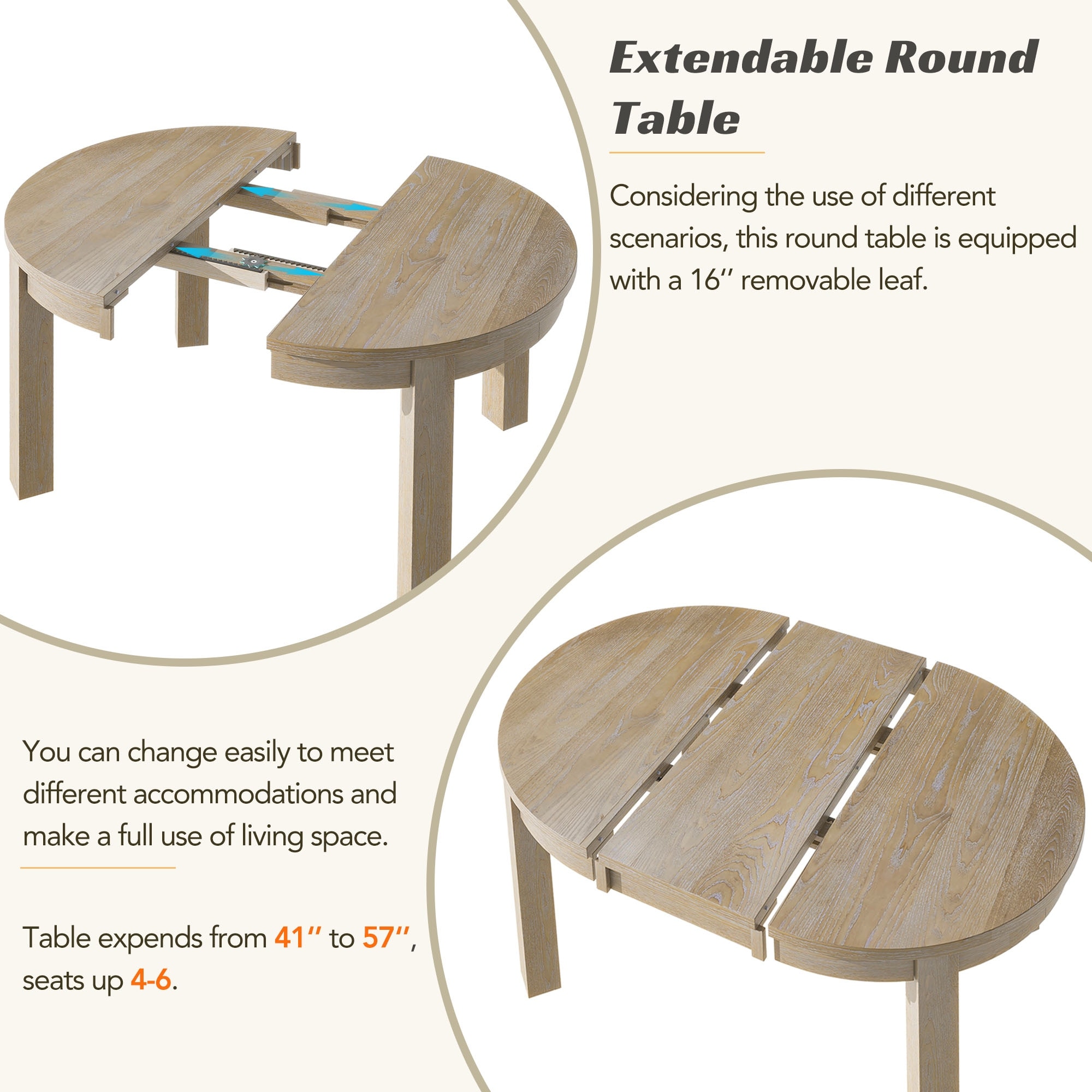 Farmhouse 5-Piece Extendable Round Dining Table Set with Storage Drawers and 4 Dining Chairs,16" Removable Leaf