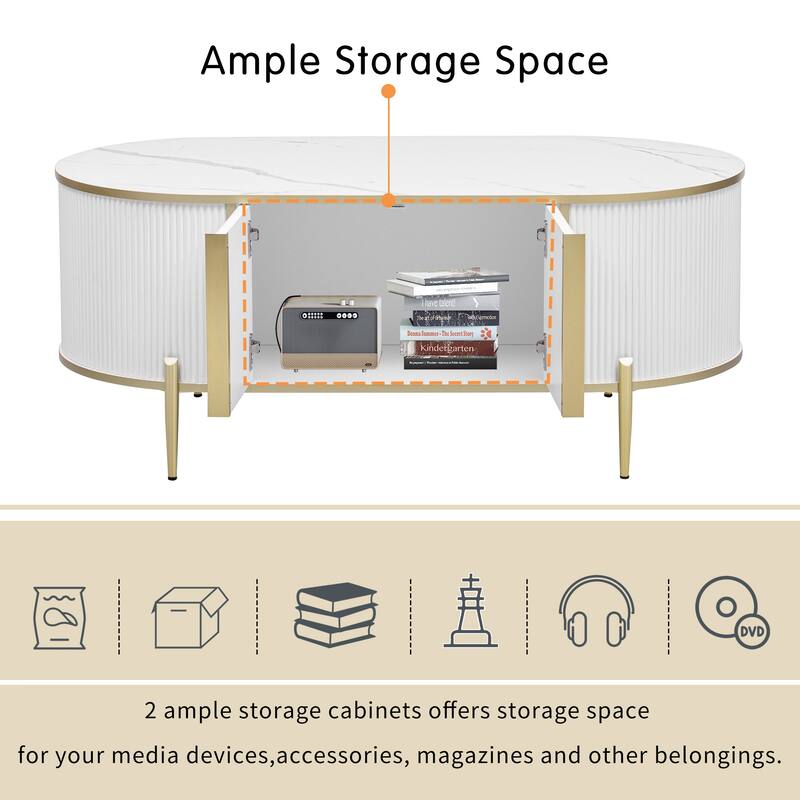 Modern Luxury Oval Grooved Coffee Table Marble Texture Coffee Table with 2 Cabinets Metal Legs for Living Room, White