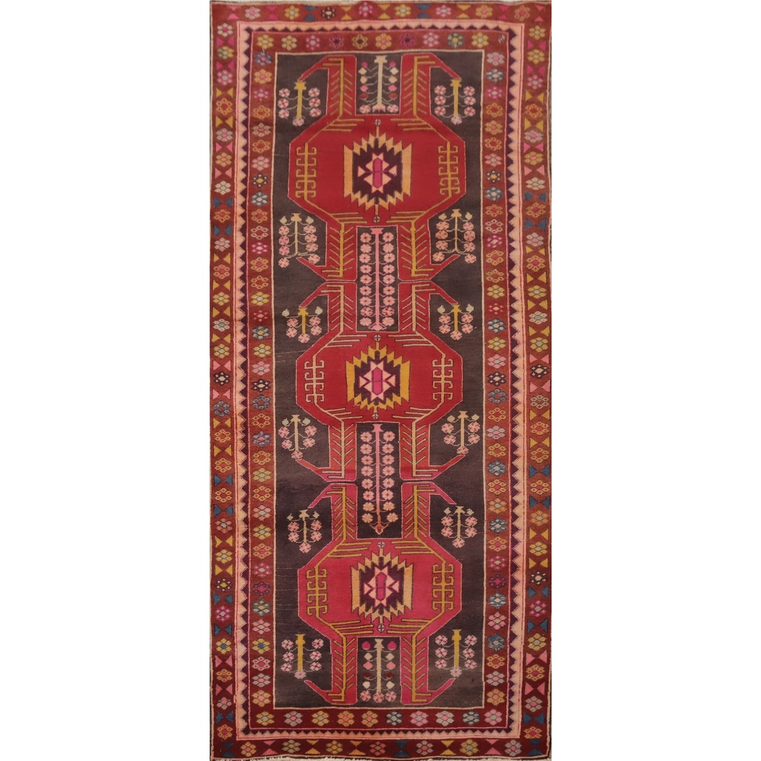 Hand Knotted Oriental 100% Wool Carpet Traditional Geometric Red Ardebil Runner Rug - 9' 8'' X 4' 0''