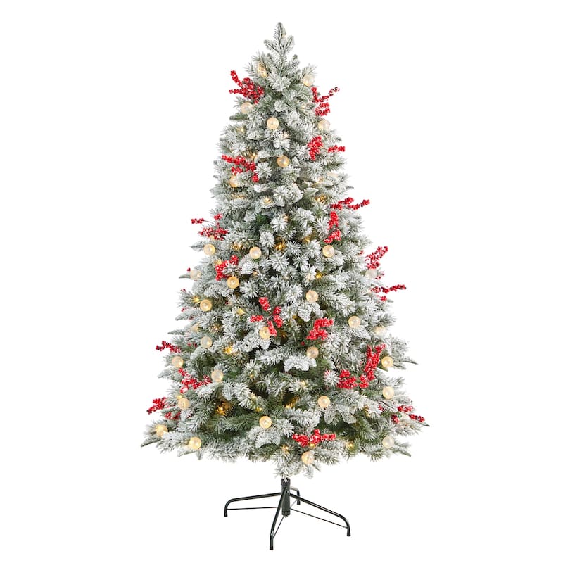 6Ft Pre-Lit Artificial Christmas Tree - Snow Tipped Norwegian Fir with 200 Lights & Berries - White - 72