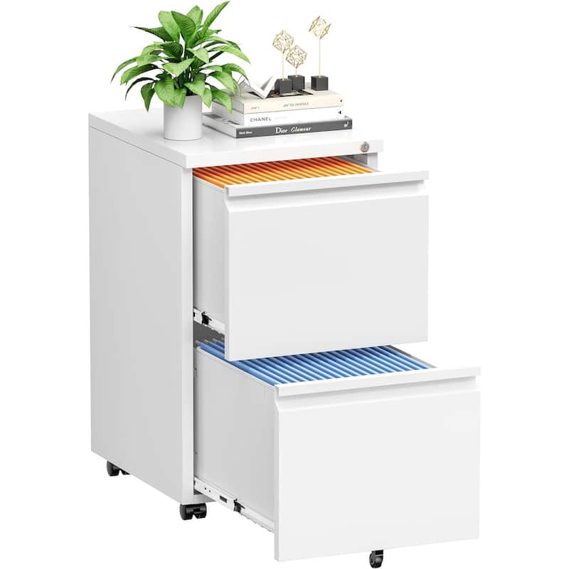 2 Drawer Metal Locking Office Mobile File Cabinet Rolling Storage Cabinet for Home Office - White