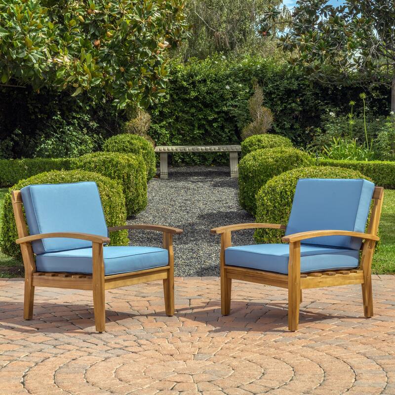 Roomfitters Outdoor Lounge Chairs with Blue Cushions, Acacia Wood Patio Armchairs, Set of 2, Teak Finish