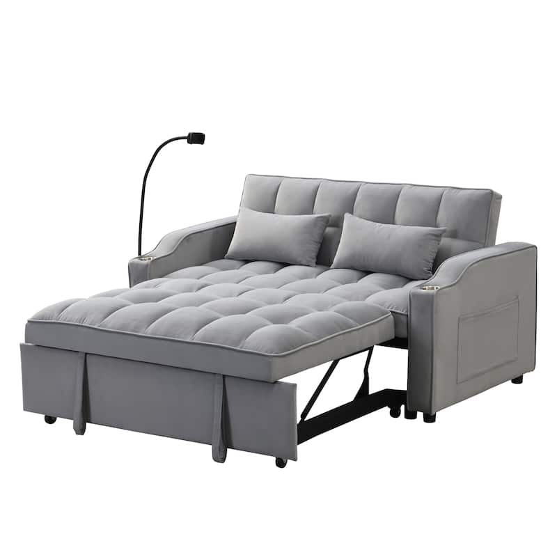 Light Gray Velvet Convertible Sleeper Loveseat Sofa with Adjustable Backrest