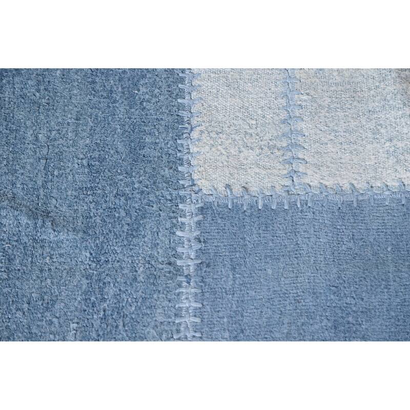 Geometric Blue Kilim Turkish Area Rug Hand-Woven Silk Carpet - 9'10"x 13'1"