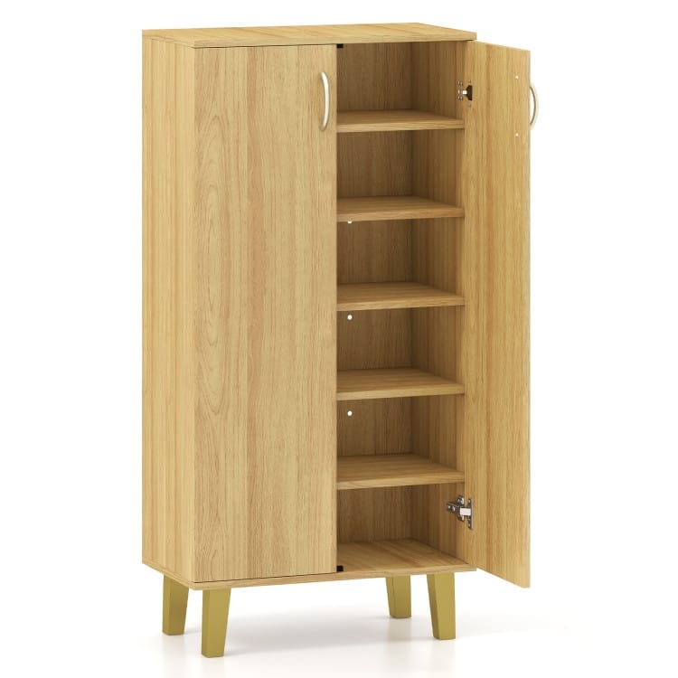 Oak MDF Wooden Shoe Cabinet with Double Doors, Shelves and Storage - 24" x 13" x 48"