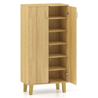 Oak MDF Wooden Shoe Cabinet with Double Doors, Shelves and Storage - 24" x 13" x 48"