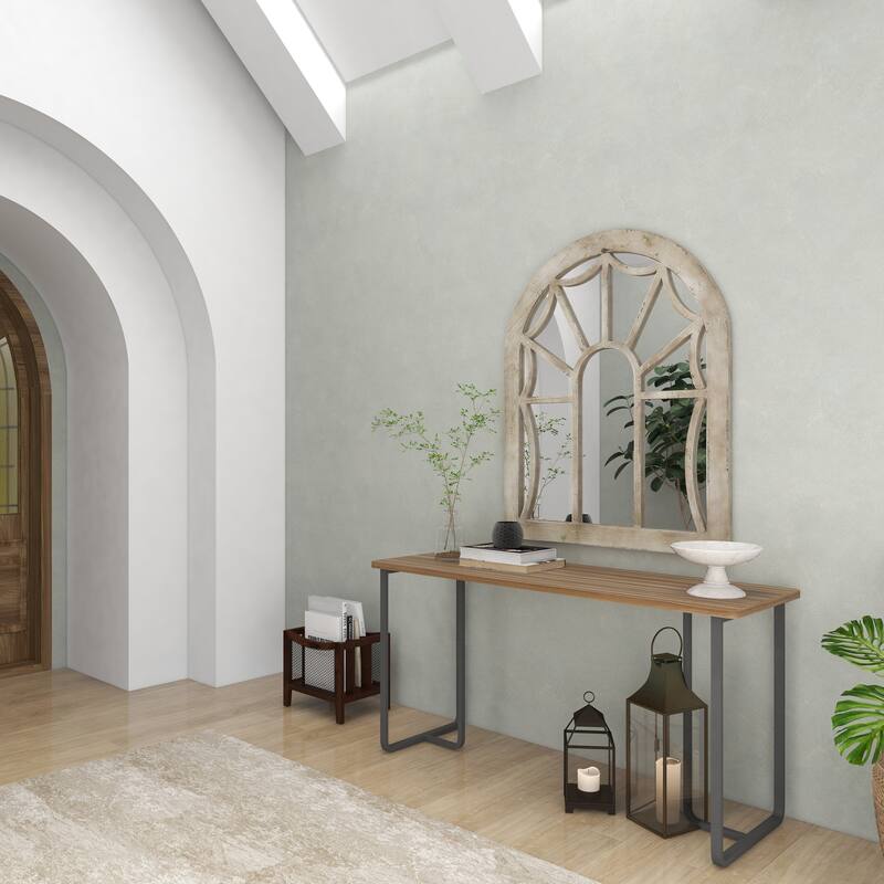 Wood Window Pane Inspired Room Wall Mirror with Arched Top - Cream - Roche River Decor