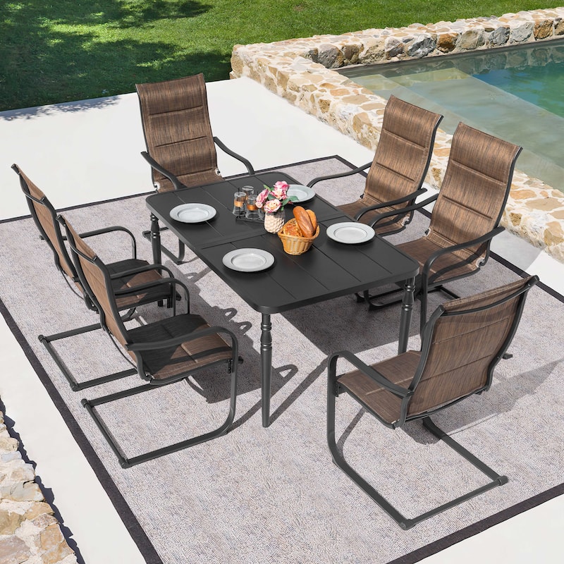 Outdoor Rectangle Powder-Coated Metal Dining Table with Umbrella Hole