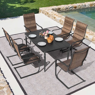 Patio 7-Piece Textilene Dining Set, C-Spring Chair Legs and Umbrella Hole