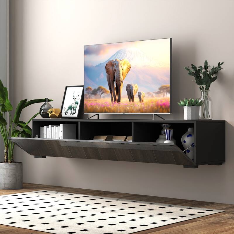 Black Television Cabinet for Living Room, Wall Mounted TV Stand Entertainment Center with Storage Cabinet - 63"