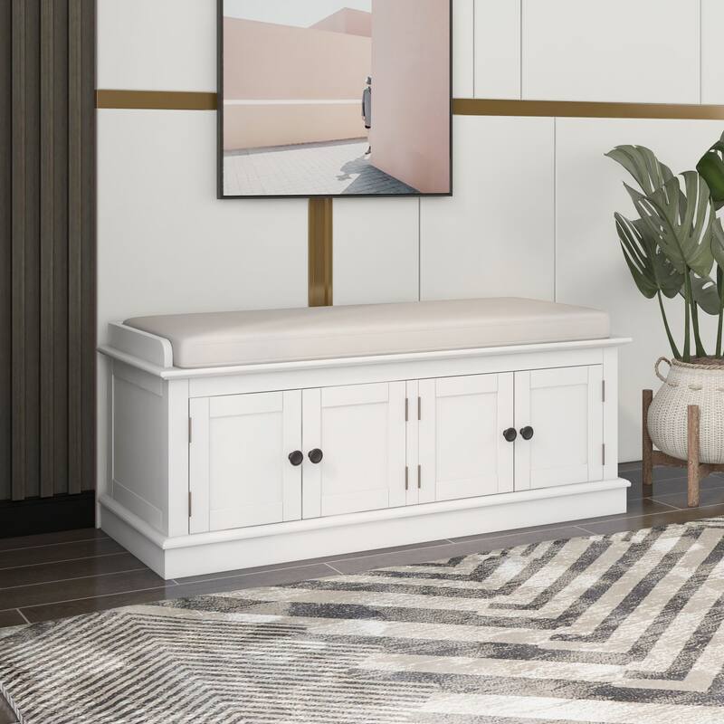 Storage Bench with 4 Doors and Adjustable Shelves, Shoe Bench with Removable Cushion