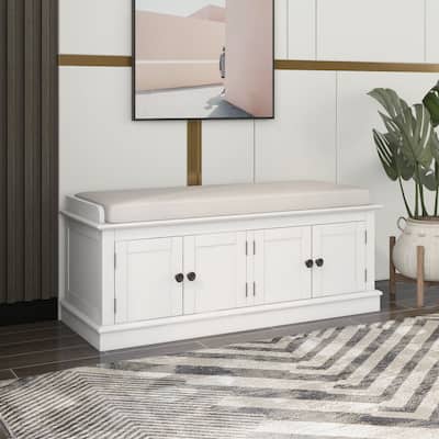 Storage Bench with 4 Doors and Adjustable Shelves, Shoe Bench with Removable Cushion