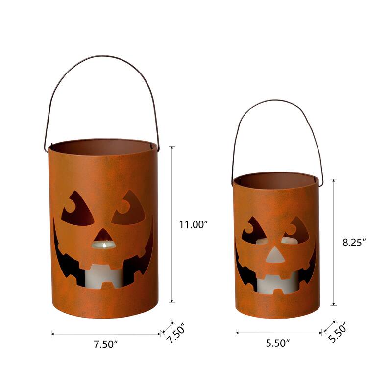 Glitzhome Set of 2 Halloween Metal Jack-O-Lantern Bucket Candle Holder Porch Decor