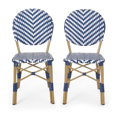 Outdoor French Bistro Chair Set of 2, White Blue Wicker Woven, Brown