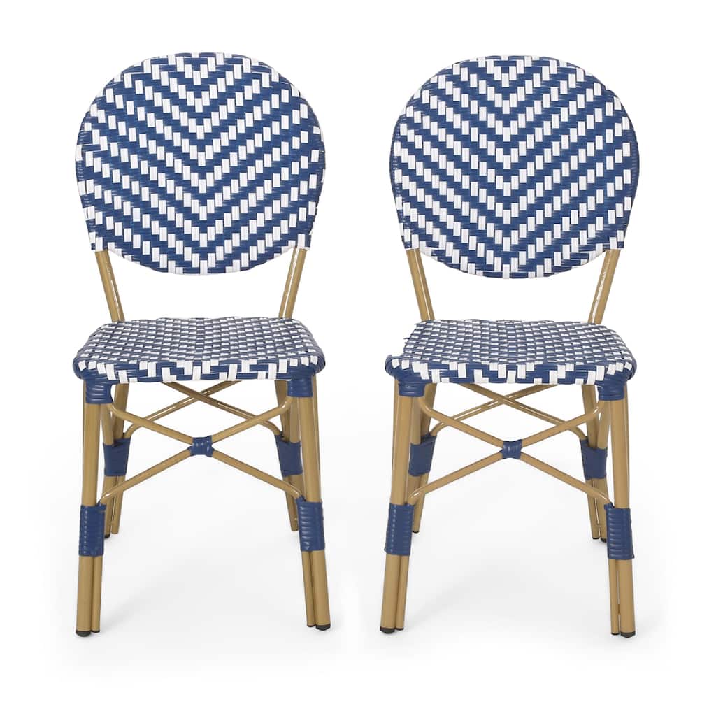Outdoor French Bistro Chair Set of 2, White Blue Wicker Woven, Brown