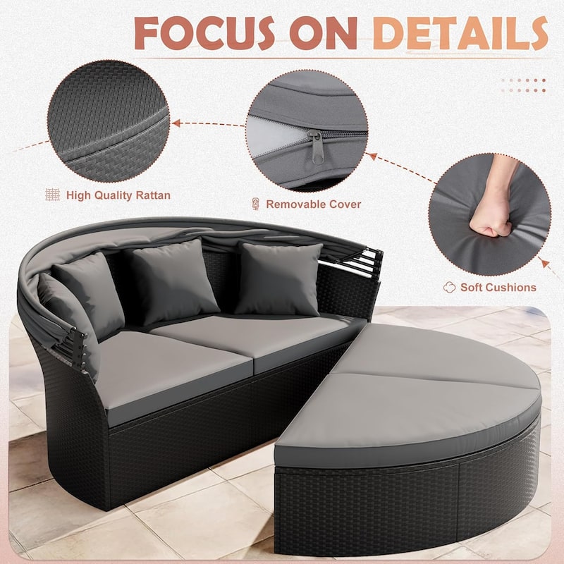 Outdoor Patio Furniture Wicker Rattan Daybed Round Sectional Sofa Conversation Set Separated Seating