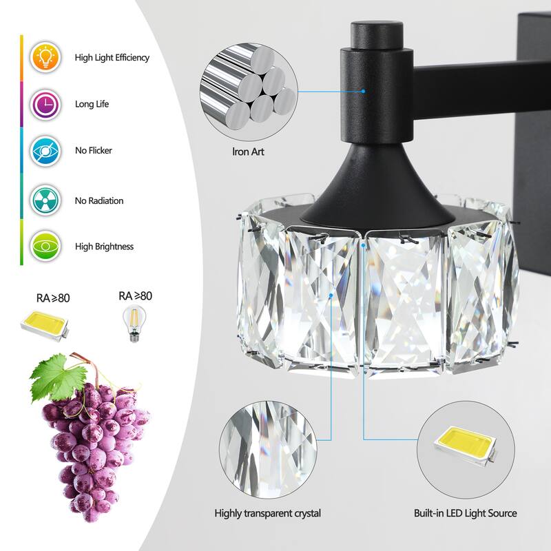 Modern 5-Light Matte Black LED Vanity Light Fixture with Crystal Glass Shades, Bathroom Wall Sconce