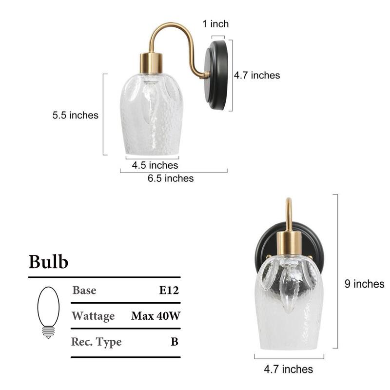 Waylin Modern Elegant 1-Light Water Ripple Glass Shade Black Gold Wall Sconce Dimmable Bathroom Vanity Lighting
