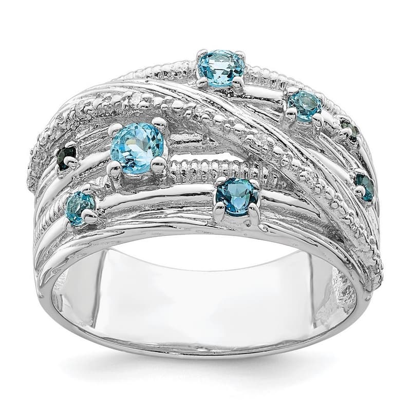 Curata 925 Sterling Silver Polished London Blue Topaz and Diamond Ring