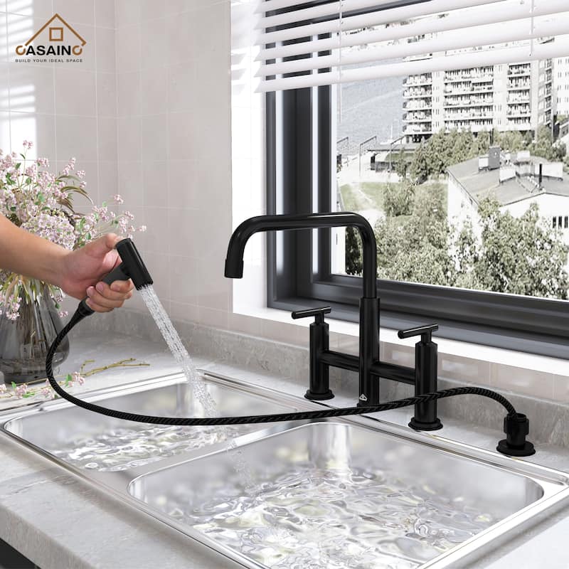 Double Handle Bridge Kitchen Faucet with Pull-Out Side Sprayer