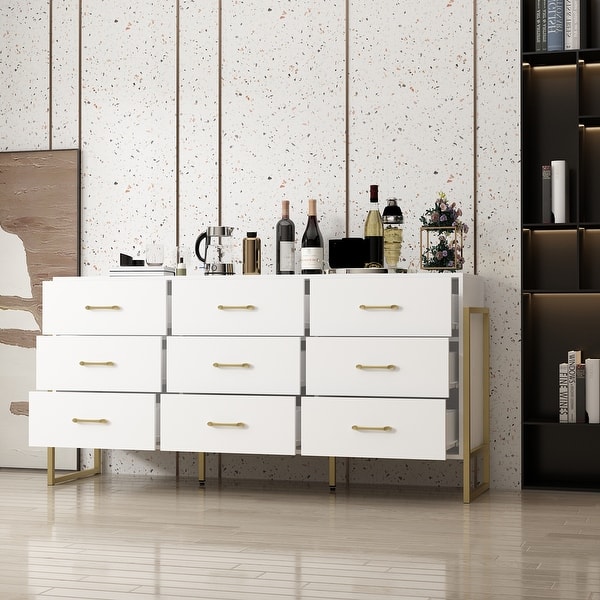 Elegant 9-Drawer Dresser with Gold Accents - Black Stripe Finish Chest - White