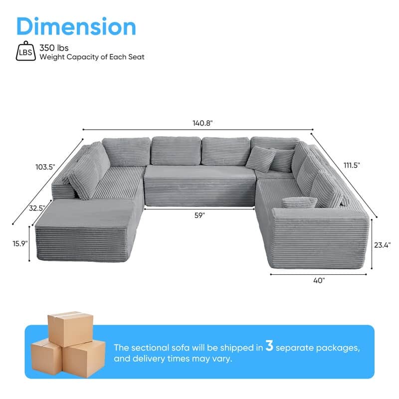 Corduroy 141'' Deep Seat Modular Sectional Sofa, Modern 8-Seater U-Shape Sofa Couch with Moveable Ottoman