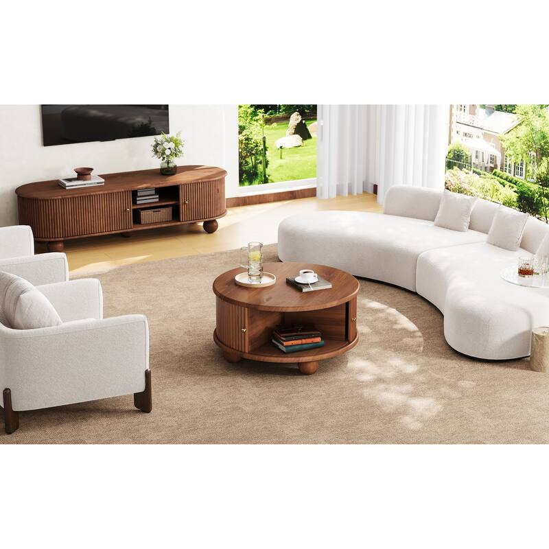 Round Coffee Table with Storage, 31.8" Modern Coffee Table with Sliding Door & Solid Wood Legs, Minimalist Center Table