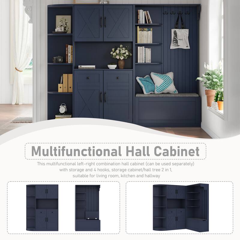 2-in-1 Hall Tree & Storage Cabinet for Living Room, Multifunctional Left-Right Combination Hall Cabinet with Bench and 4 Hooks