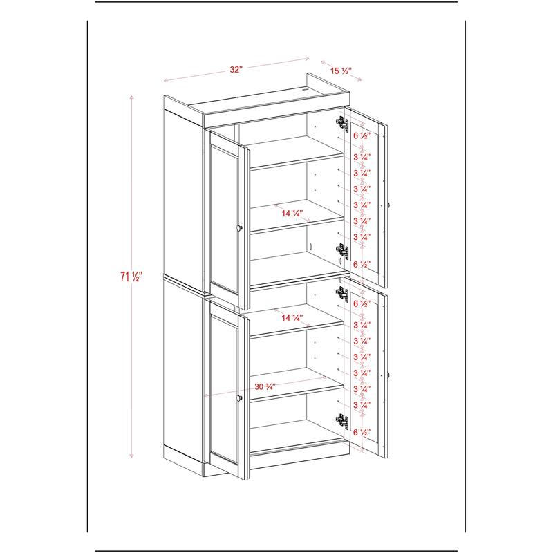 100% Solid Wood Tall Freestanding Kitchen Pantry Cabinet with Doors, Adjustable Shelves, Modular Storage, 32" W x 71.5" H