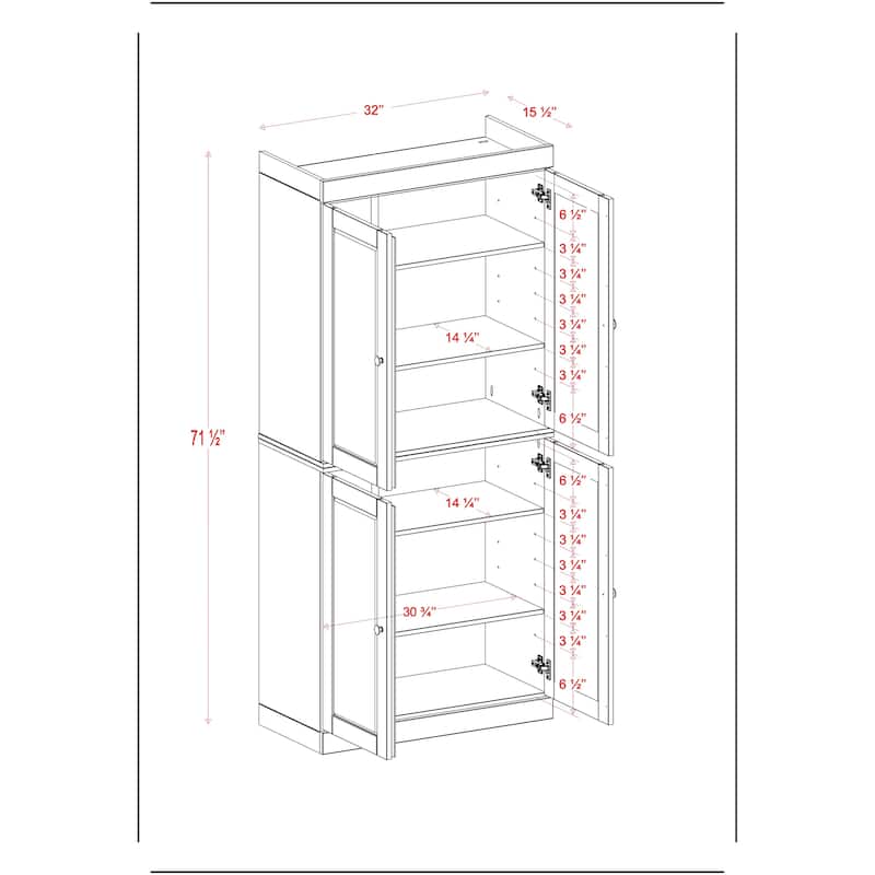 Palace Imports 100% Solid Wood Pantry Cabinet, Raised Panel Doors, Adjustable Shelves, 32" Wide, 71.5" Tall - 32" x 71.5"