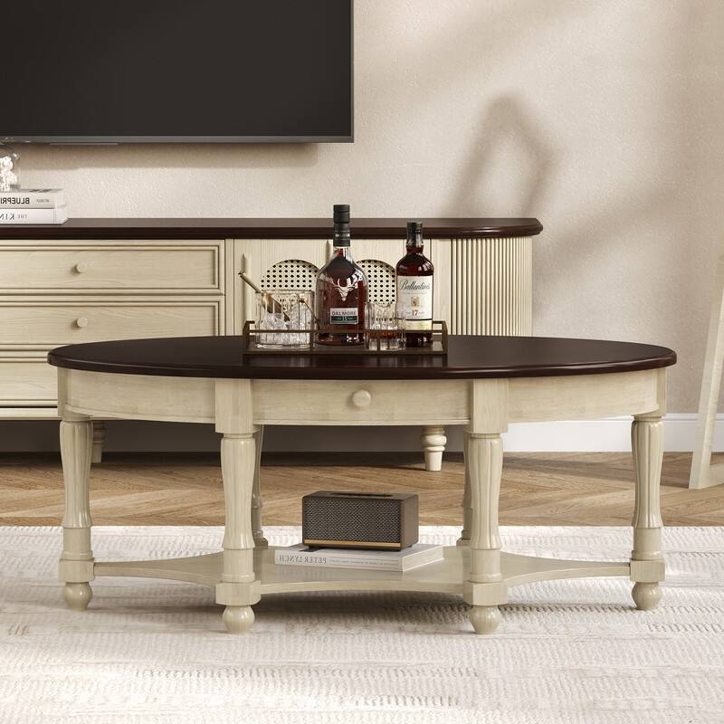 Vintage Oval Coffee Table with Drawer and Storage Shelf, Antique Cocktail Table in 45"