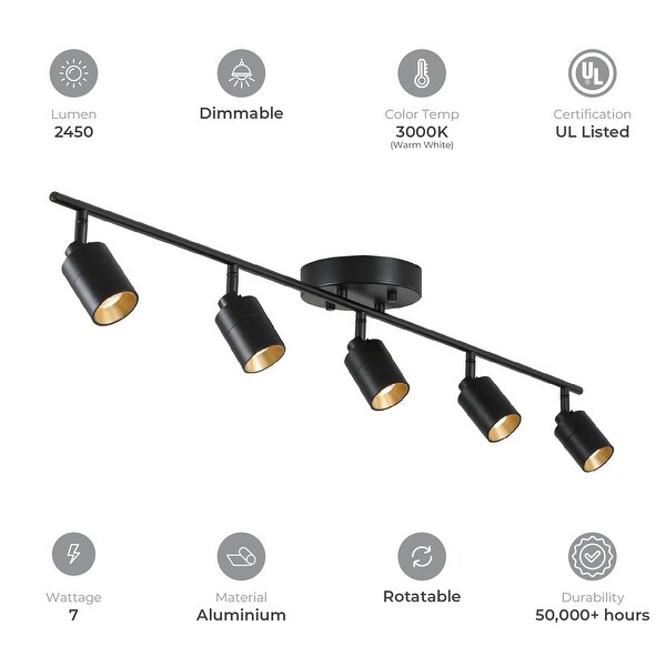 Shura 5 Light Black Integrated LED Track Light with Rotatable Heads 4 ft. Fixed Track Lighting Kit 3000K 2450 Lumens 7 x 48