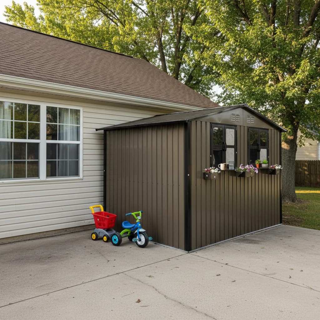 Roomfitters 6x9 ft Metal Storage Shed Outdoor Backyard Garden House Planter Box Window Double Door Utility Shed