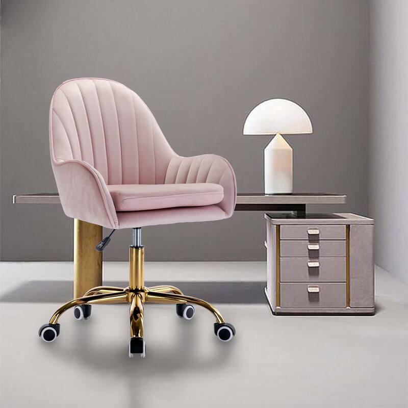 Cute Velvet Office Chair Dresser Chair Manicure Desk Chair with Wheels Metal Base, Height Adjustable, Pink