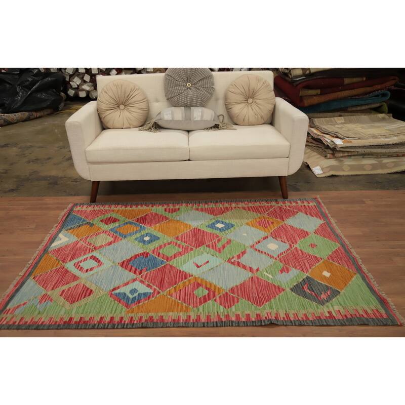 Hand Woven Oriental 100% Wool Carpet Southwestern Tribal Multi-Colored Kilim Area Rug - 5' 11'' X 4' 2''