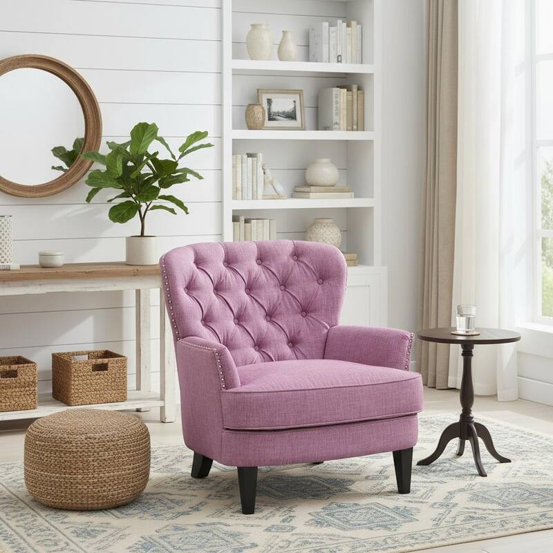 Tufted Lounge Chair with Nailhead Trim & Solid Wood Legs by Harper&Bright Designs - Light Purple