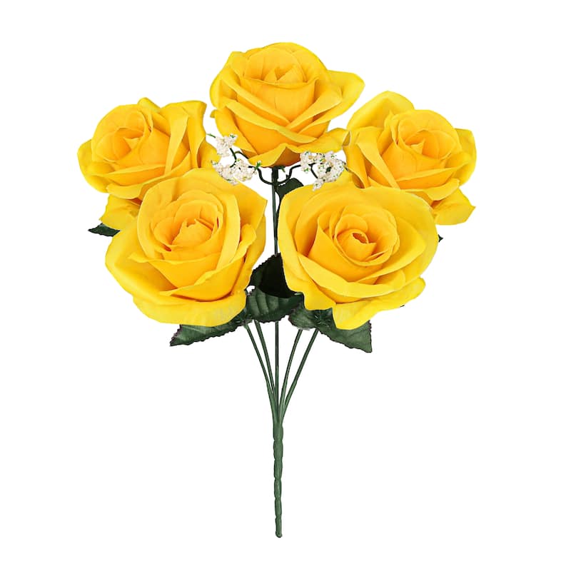 Set of 12 Yellow Artificial Open Rose Flower Stem Bush Bouquet 14in - 14" L x 7" W x 7" DP