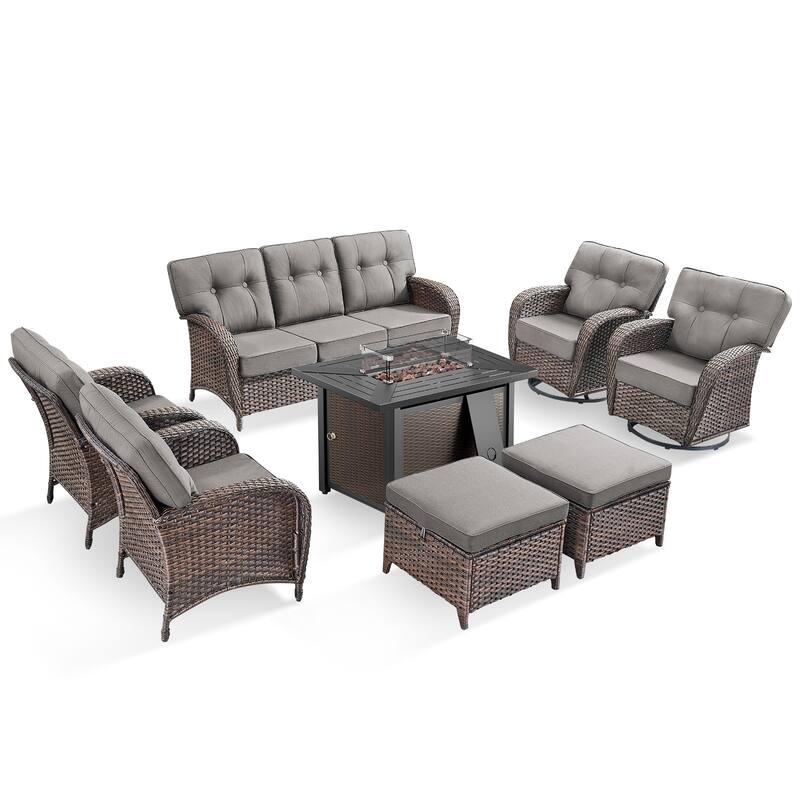Pocassy Outdoor 43 In Fire Table with Sofa Patio Swivel Chair Set