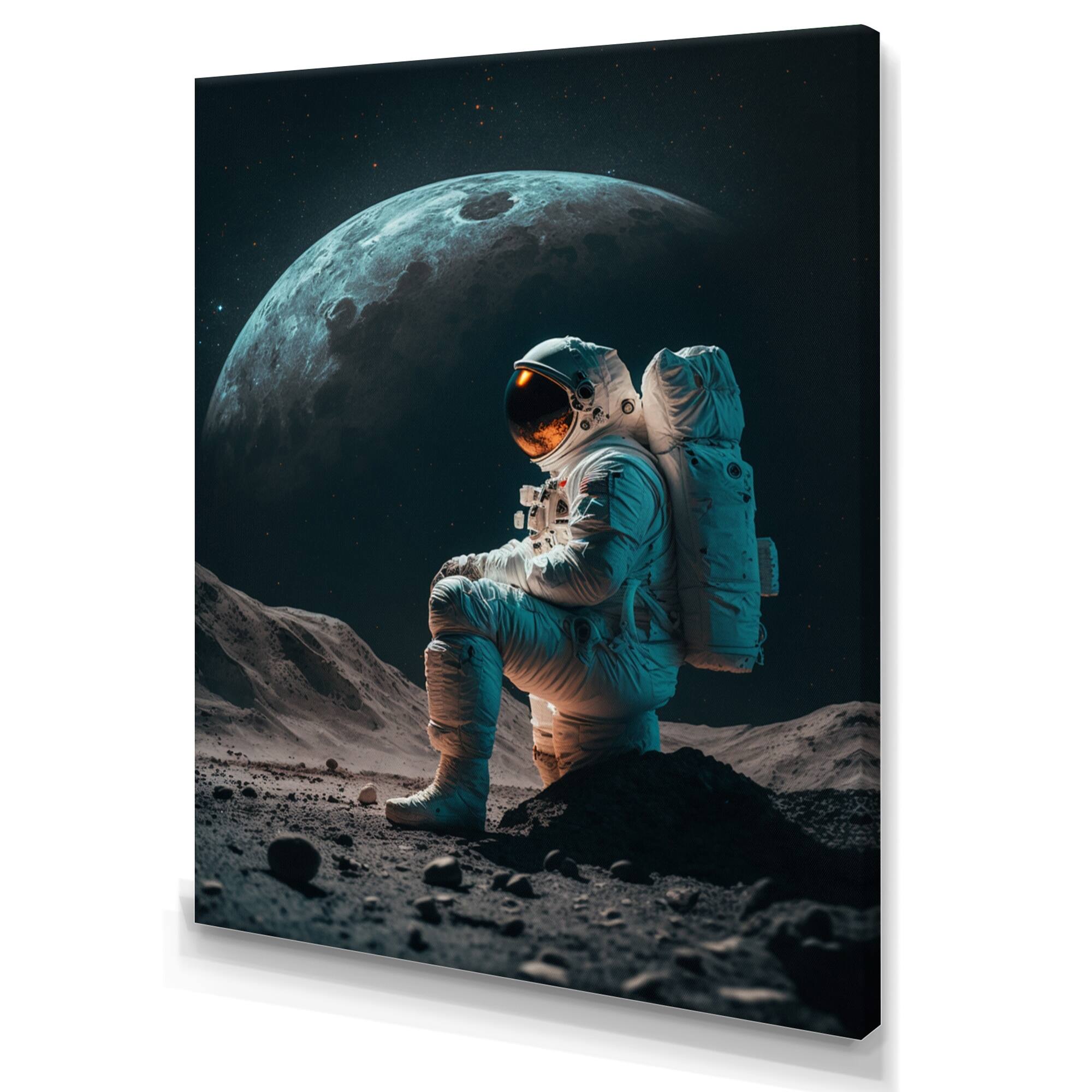 Designart 'Spaceman On The Moon I' Outer Space Canvas Wall Art Bed