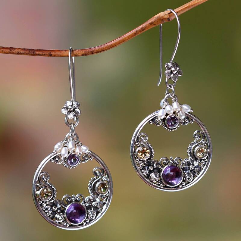 NOVICA Cultured Pearl and Amethyst Earrings 'Frangipani Moons' (Indonesia) - 2.4L*1.1W