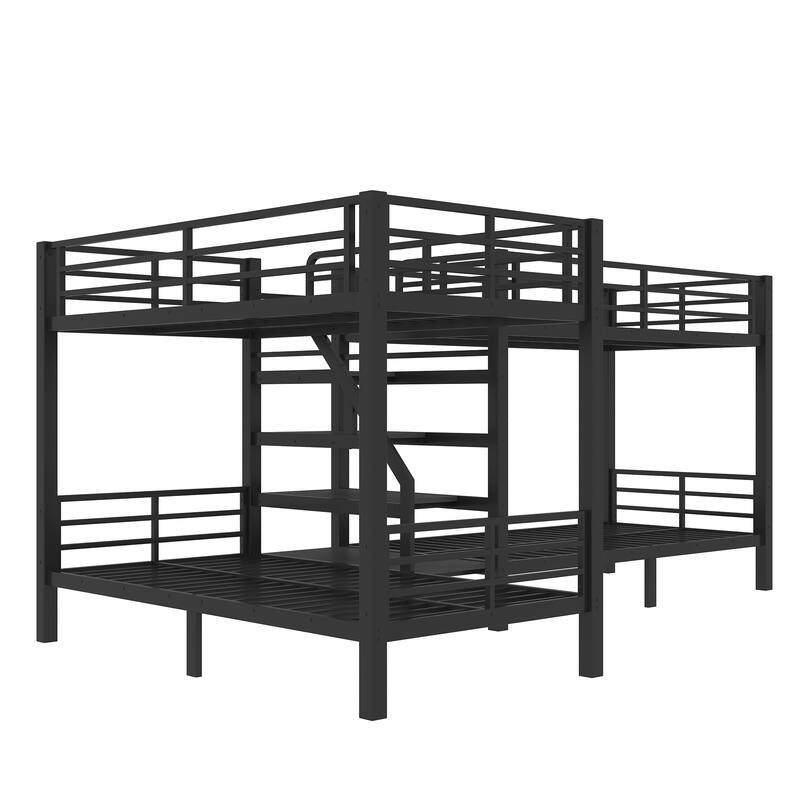 Roomfitters Twin L-Shaped Metal Bunk Bed with Storage Shelves, Space-Saving Corner Frame, Black