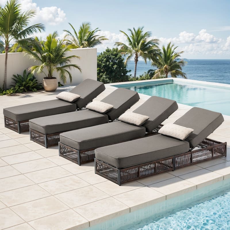 ArcoBay Brown Wicker Outdoor Patio Chaise Lounge with 5-Inch Thick Cushions (4-Pack) - Grey