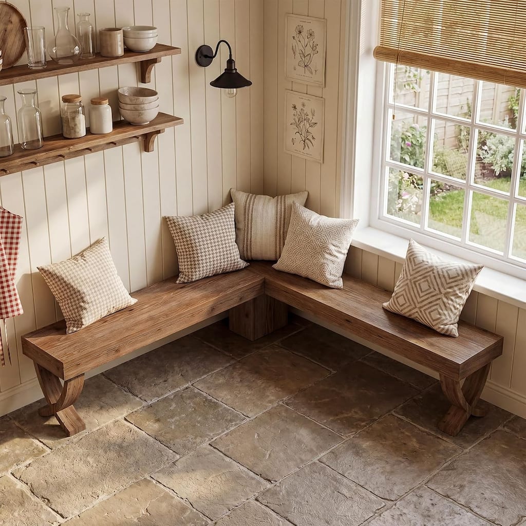 55-Inch L Shaped Solid Wood Corner Bench, Farmhouse Rustic Entryway Shoe Bench Indoor - 55.12" D x 55.12" W x 17.72"H