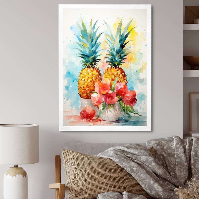 Designart "Aquarel Pineapple Painting" Pineapples Wall Decor Green - Traditional Living Room Framed Canvas Art - 24 in. wide x 32 in. high - White