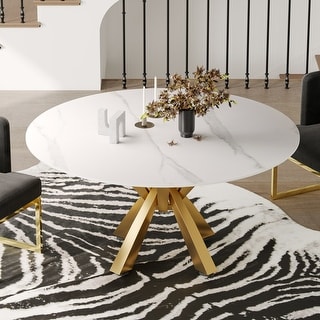 Moasis 59" Round Faux Marble Dining Table with Gold-plated Metal Base ...