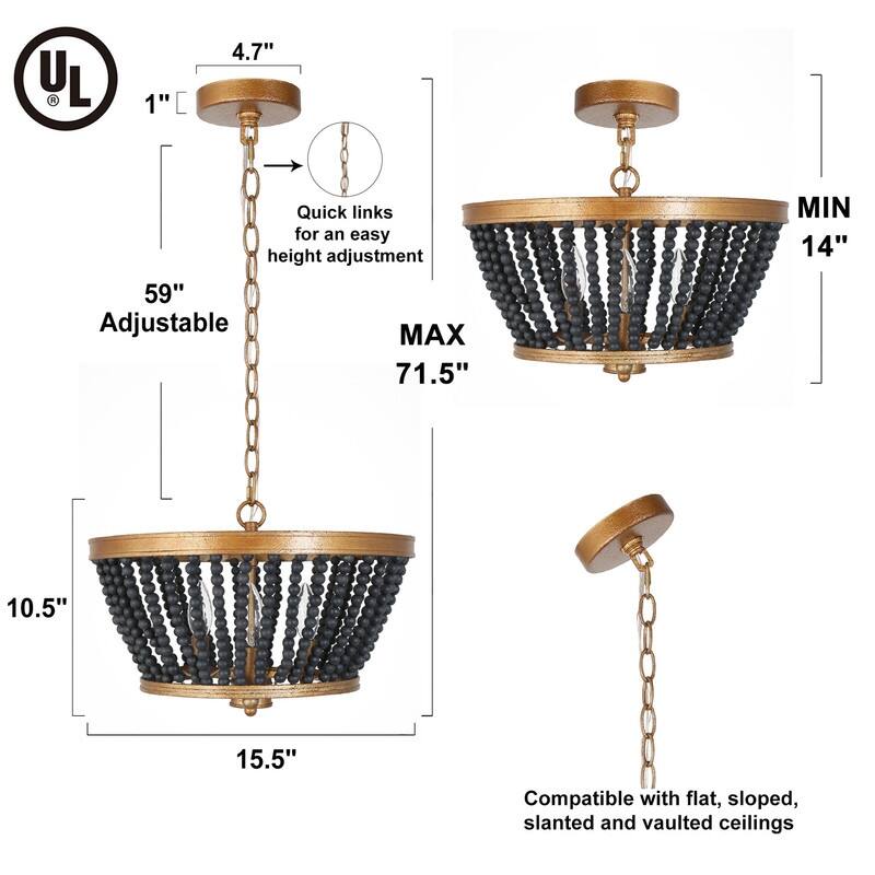 Coasa Gold Wood Beaded Chandelier 3Light Drum LED Ceiling Light Black