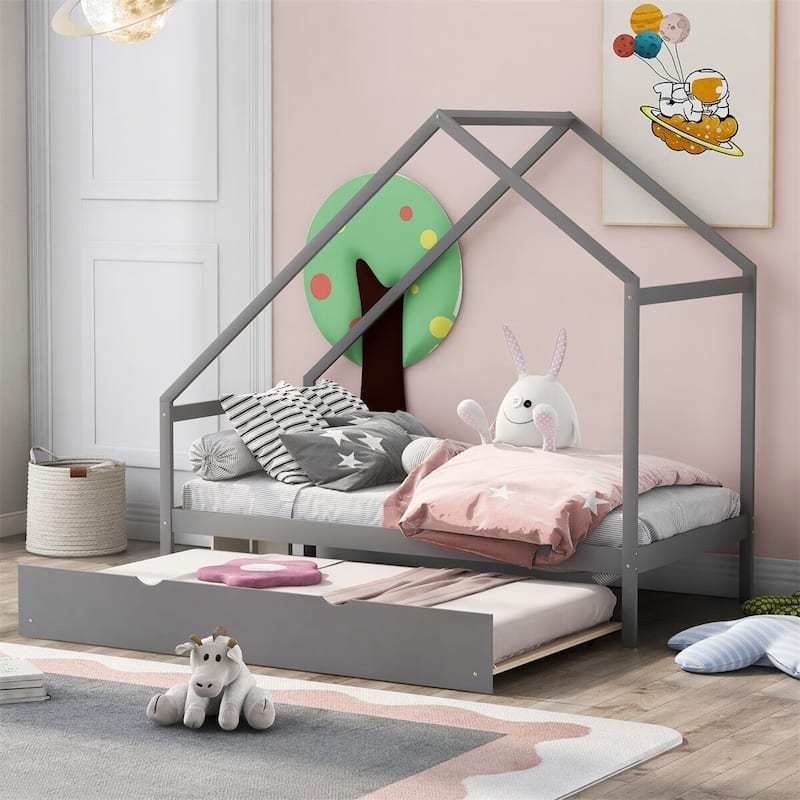Merax Wooden House Bed With Twin Size Trundle