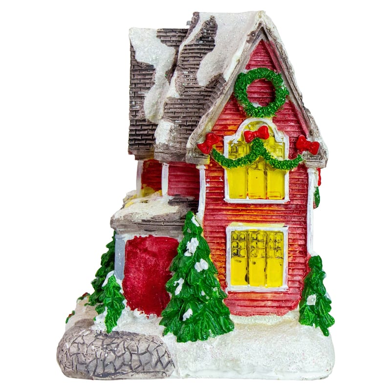 LED Lighted Snowy House Christmas Village Decoration - 5" - Red